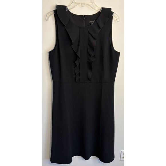 ANN TAYLOR Ruffle Neck Black Sheath Dress Women 14 Sleeveless Knee Length Career - Picture 1 of 12